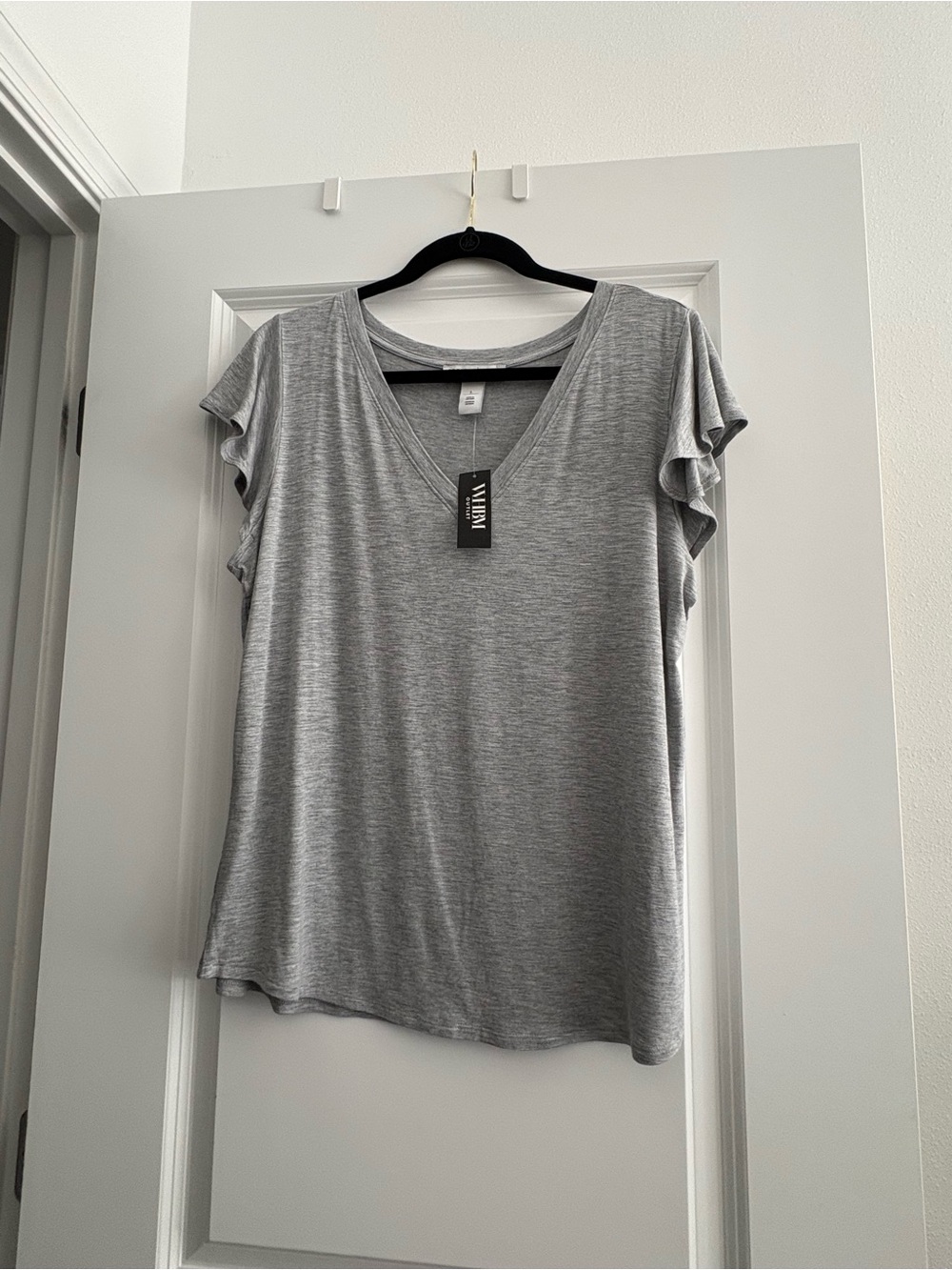White House Black Market Gray V-Neck Flutter Sleeve Tee